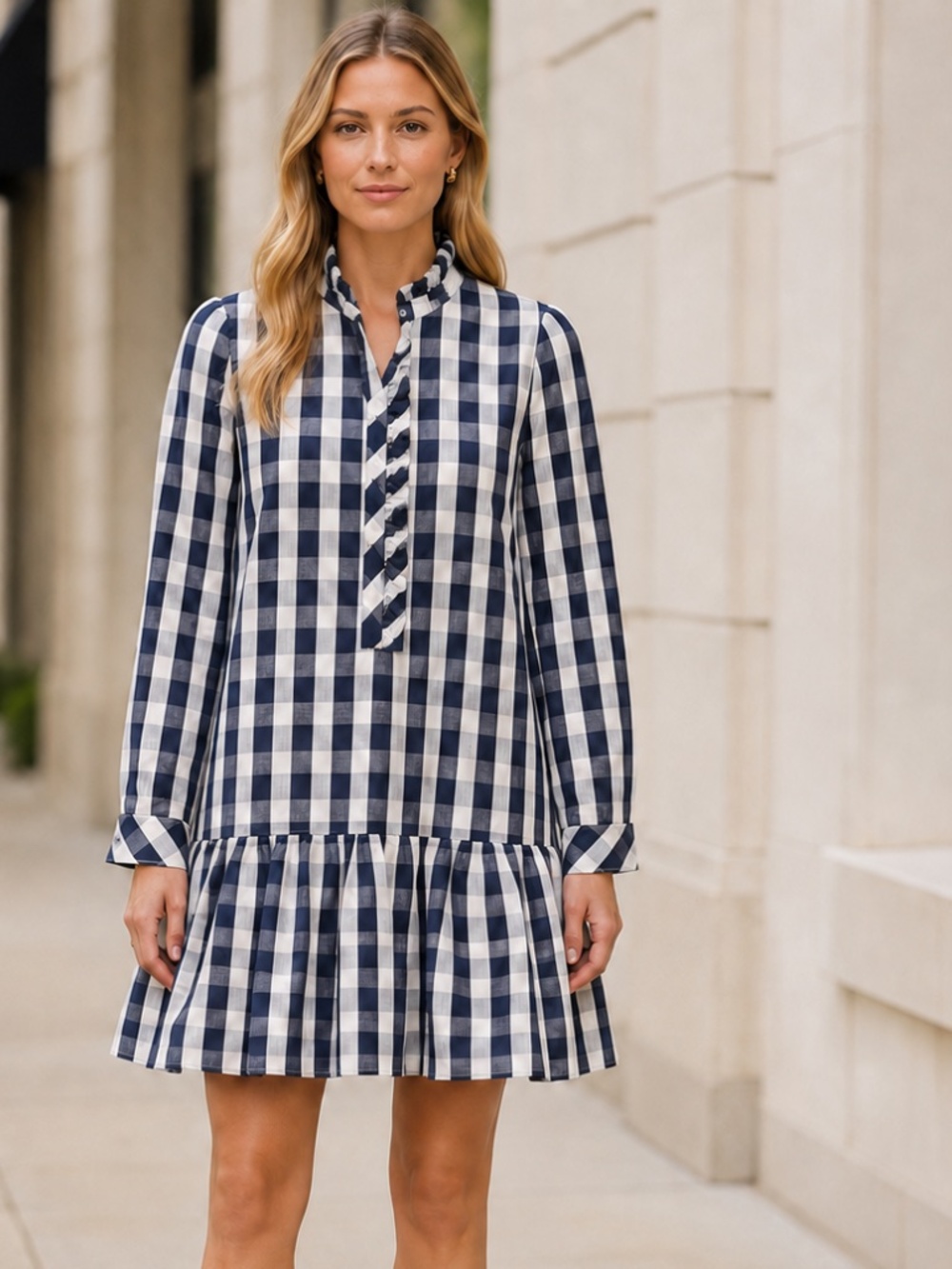 Tuckernuck | Blue and White Ruffled Bottom Dress | Size Small